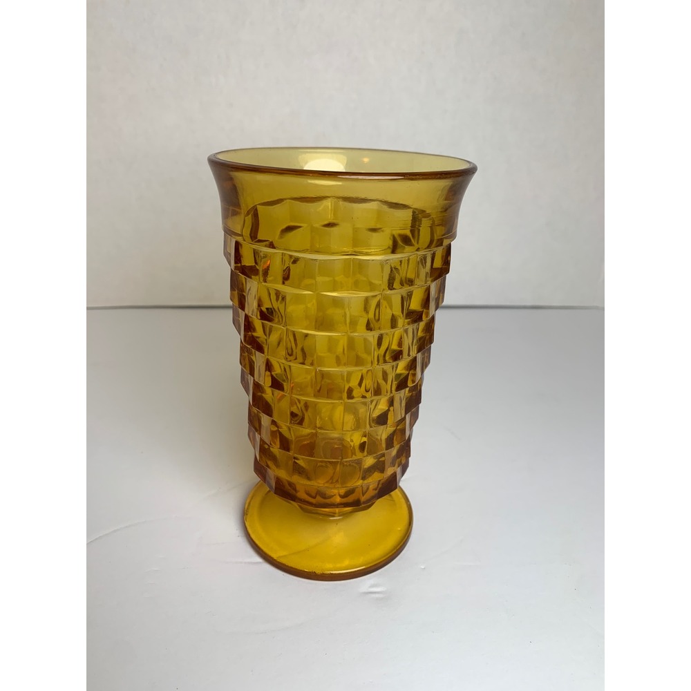Vintage 70s Amber‎ Glass Footed Tumbler Geometric Cube Pattern Mid Century Retro